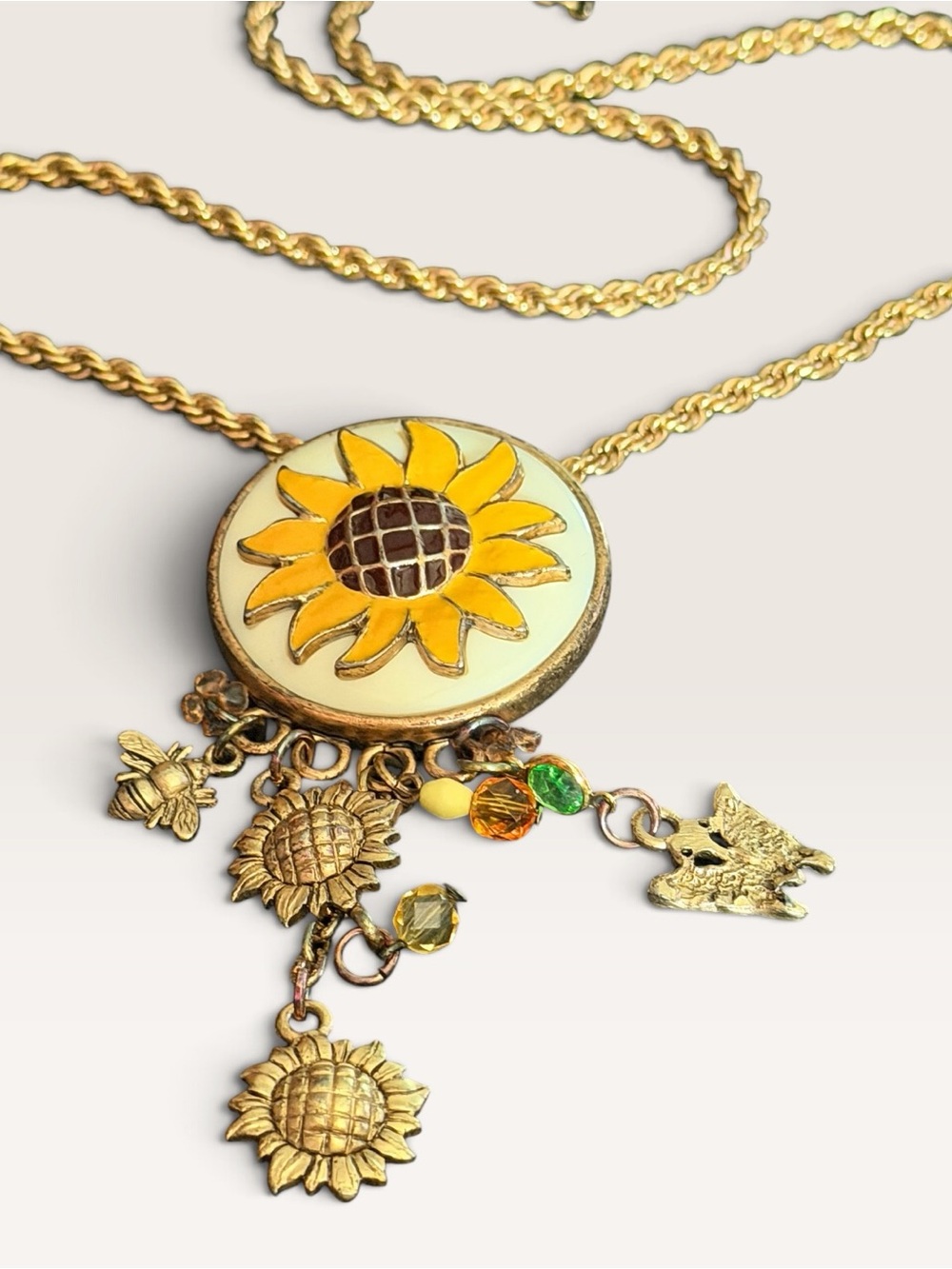 Vintage Sunflower Charm Necklace Enamel Gold Tone Bee Bird Boho